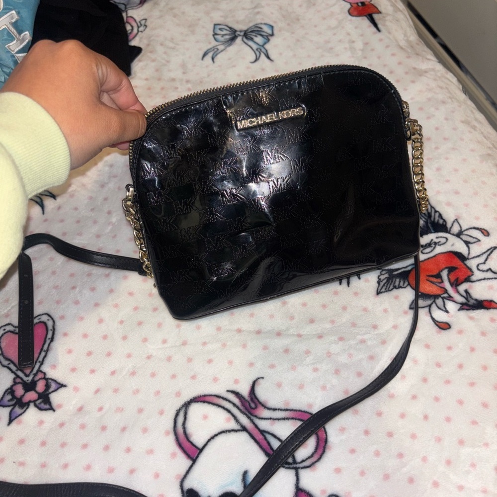 Michael Kors Black Patent Leather Crossbody with Gold Hardware